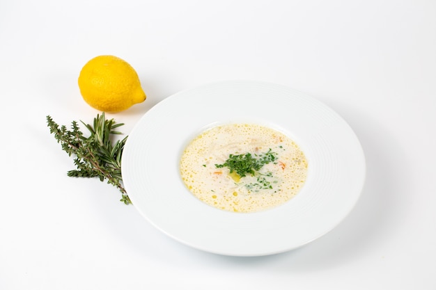 Colpo del primo piano di un piatto con zuppa bianca con verdure