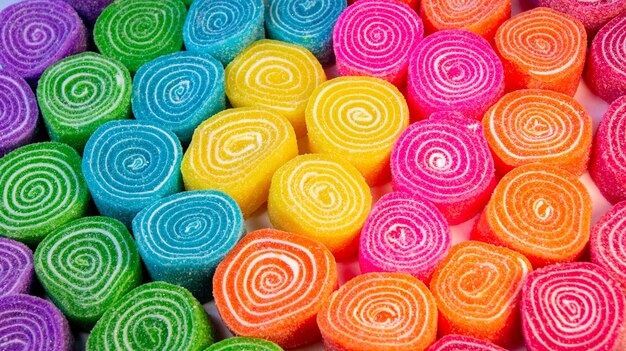 Colpo di alto angolo delle caramelle colorate e gustose in un piatto