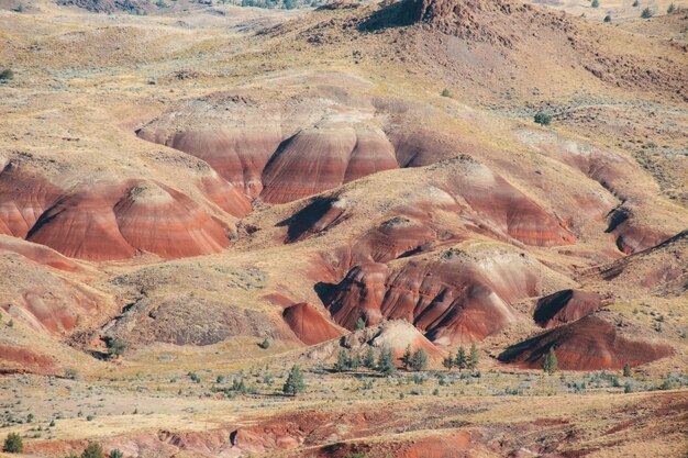 Colpo di alto angolo delle colline rosse sabbiose in una zona deserta sotto il cielo luminoso