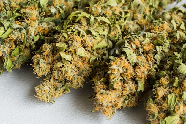 Colpo di messa a fuoco selettiva della cannabis su una superficie bianca