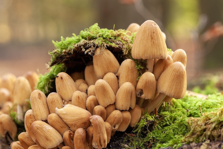 Foto gratuito colpo di messa a fuoco selettiva di funghi che crescono su un terreno coperto di muschio