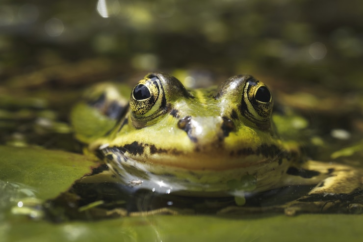 Foto gratuito colpo di messa a fuoco selettiva di una rana verde
