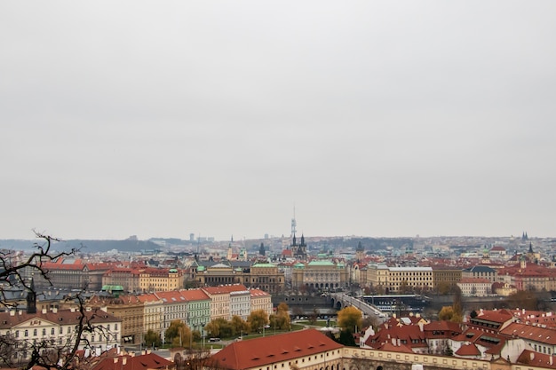 Colpo grandangolare degli edifici di Praga sotto un cielo velato