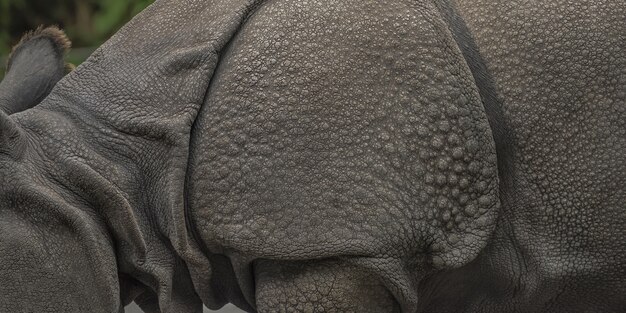 Colpo grandangolare del primo piano di un rinoceronte con uno sfocato