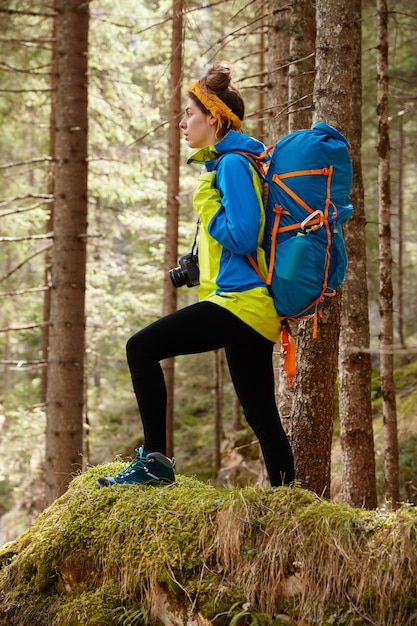 Colpo integrale di escursionista femminile sportivo in buona forma fisica, sorge sulla collina contro gli alberi nella foresta