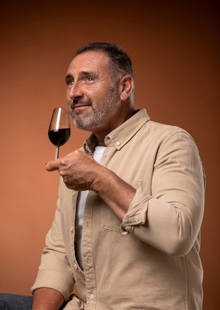 Colpo medio uomo di mezza età con bicchiere di vino