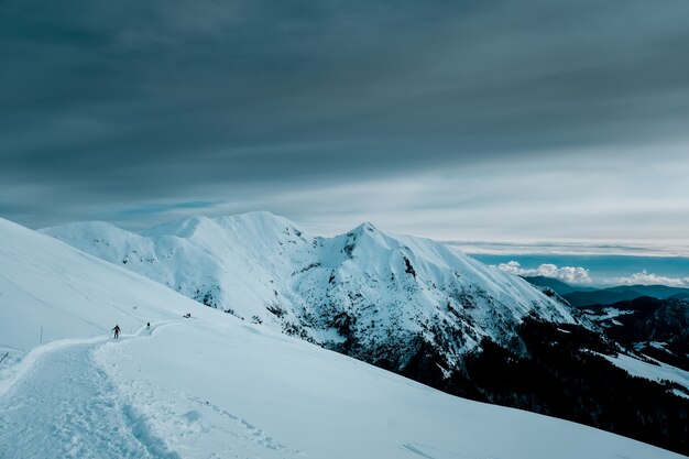 Colpo panoramico di vette innevate con alberi alpini sotto un cielo nuvoloso