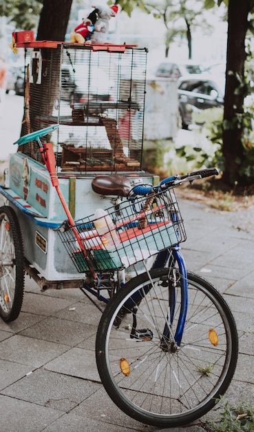 Colpo selettivo verticale del primo piano di una bicicletta blu con un canestro e una gabbia per uccelli