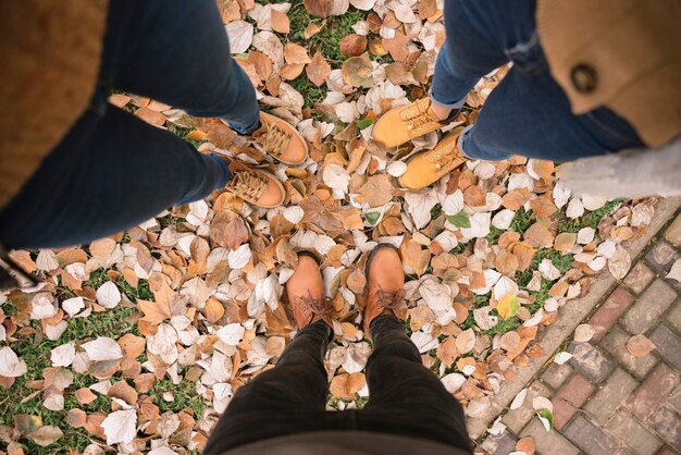 Colpo superiore vicino su di donne in stivali in piedi nel parco