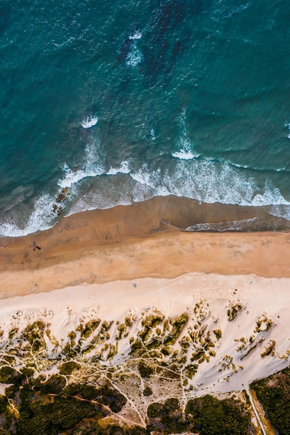 Colpo verticale a volo d'uccello di una spiaggia con un mare blu