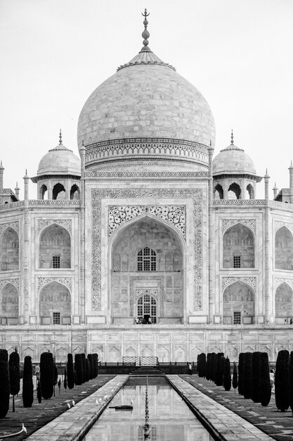 Colpo verticale del primo piano in scala di grigi dell'edificio Taj Mahal ad Agra India