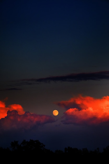 Colpo verticale della luna e nuvole di fuoco nel cielo scuro