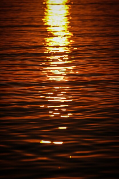 Colpo verticale delle onde del mare che riflettono la luce del sole al tramonto