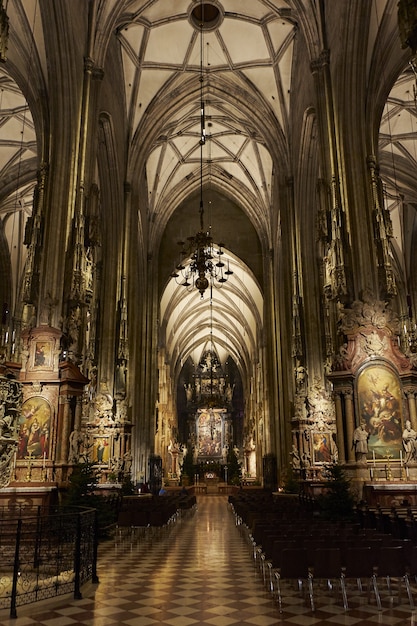 Colpo verticale di angolo basso dell'interno della cattedrale di Santo Stefano a Vienna Austria