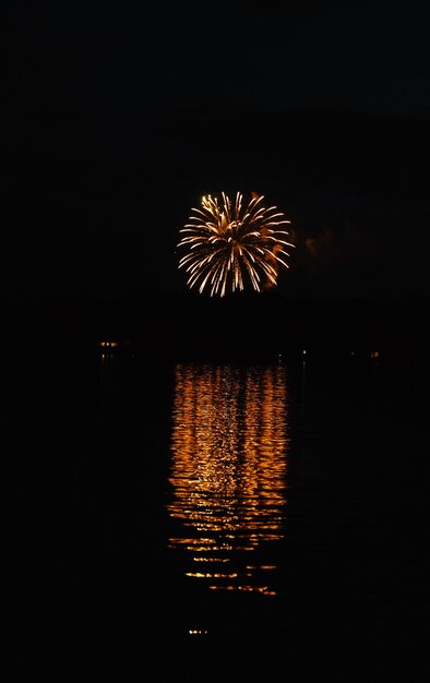 Colpo verticale di bellissimi grandi fuochi d'artificio in lontananza con riflesso nell'acqua