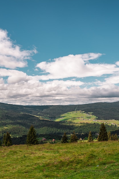 Colpo verticale di colline coniche nel verde sotto un cielo nuvoloso blu e luce solare