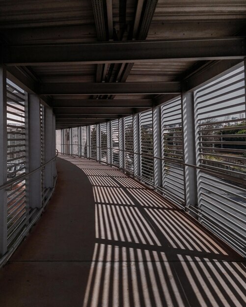 Colpo verticale di finestre che riflettono sul pavimento di un corridoio coperto