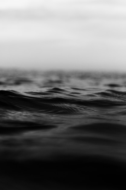 Colpo verticale di gradazione di grigio delle onde minuscole del mare agitato