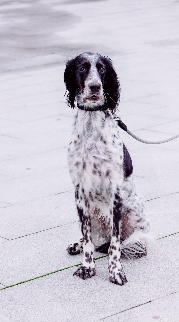 Foto gratuito colpo verticale di spaniel russo con imbracatura su strada