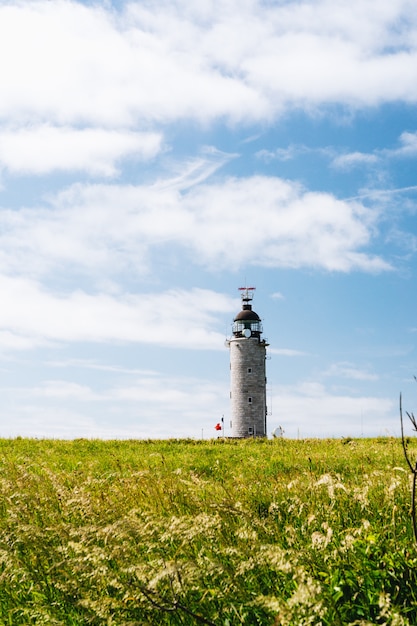 Colpo verticale di un campo erboso con un faro nella distanza sotto un cielo nuvoloso in Francia