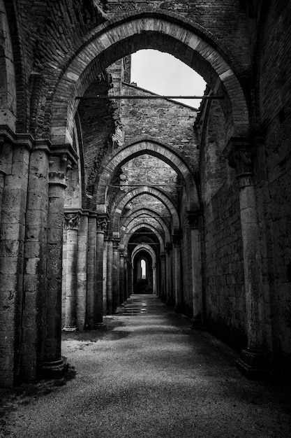 Colpo verticale di un corridoio con pilastri e porte ad arco ad Abbazia di San Galgano