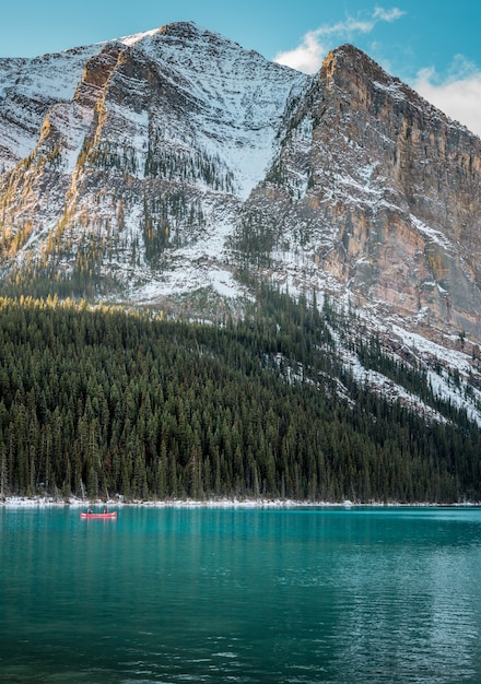 Colpo verticale di un lago turchese sotto la foresta e una montagna innevata sullo sfondo