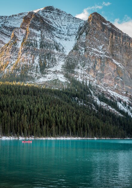 Colpo verticale di un lago turchese sotto la foresta e una montagna innevata sullo sfondo