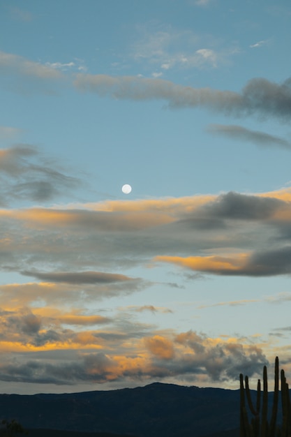 Colpo verticale di una bellissima luna con un cielo nuvoloso