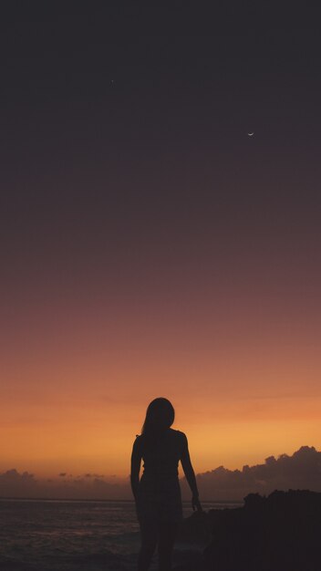 Colpo verticale di una donna in silhouette in piedi su una scogliera vicino al mare durante il tramonto