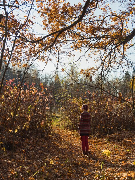 Colpo verticale di una femmina in un berretto che sta nel giardino con le foglie di autunno cadute