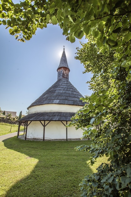Colpo verticale di una piccola chiesa dietro gli alberi nella campagna della Slovenia