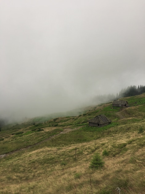 Colpo verticale di una ripida bella collina con piccole case di legno su di esso coperto di nebbia