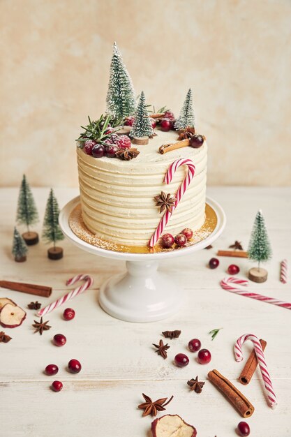 Colpo verticale di una torta di Natale con frutti di bosco e cannella e decorazioni natalizie