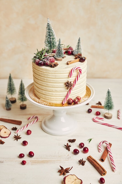 Colpo verticale di una torta di Natale con frutti di bosco e cannella e decorazioni natalizie