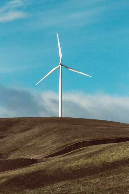 Colpo verticale di una turbina eolica su prati asciutti