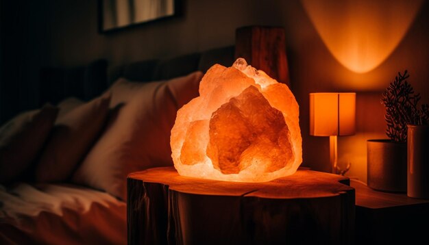 Comodo letto illuminato dalla luce delle candele e dal calore generato dall'intelligenza artificiale