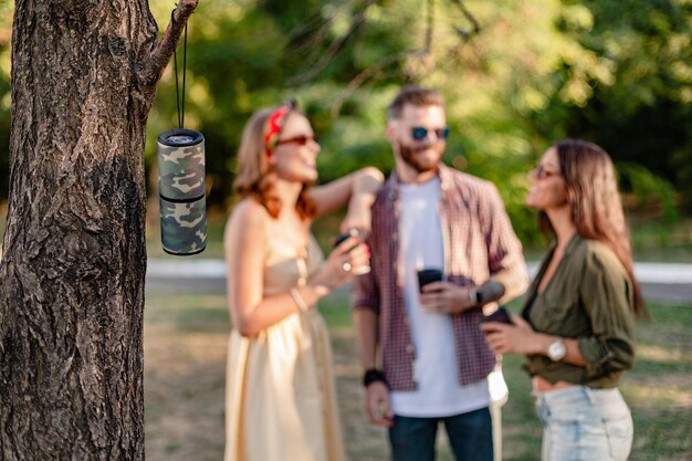 Compagnia di amici che si divertono insieme nel parco ascoltando musica