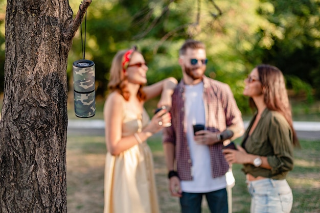 Compagnia di amici che si divertono insieme nel parco ascoltando musica