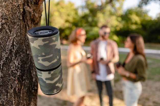 Compagnia di amici che si divertono insieme nel parco ascoltando musica