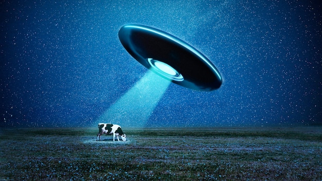 Composizione di carte da parati astrali con ufo e mucca