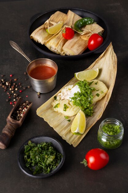 Composizione di deliziosi tamales sulla piastra