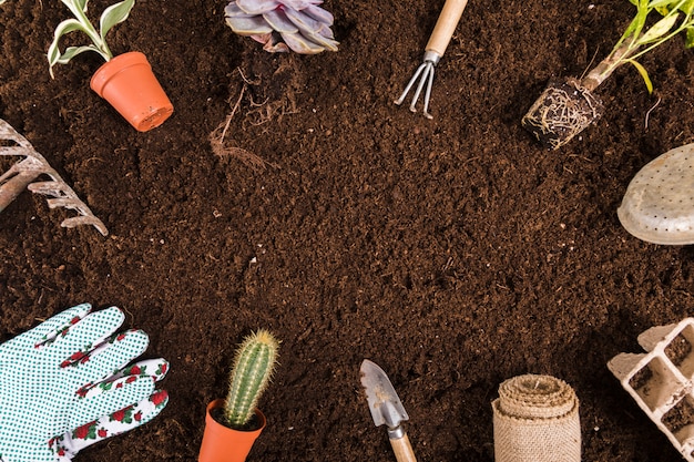 Composizione di giardinaggio piatto laico con copyspace