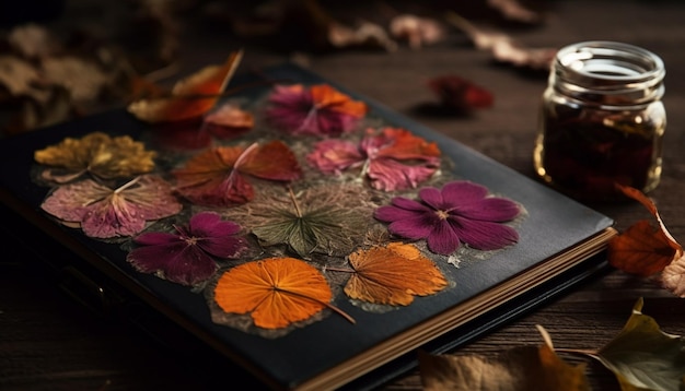 Composizione di nature morte in legno del libro di foglie autunnali generata dall'intelligenza artificiale