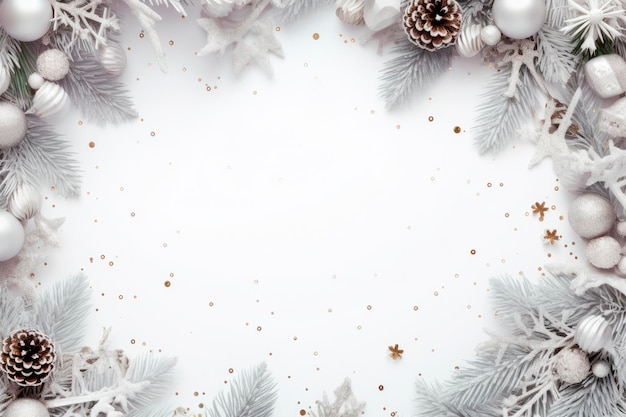 Composizione natalizia Ghirlanda fatta di palline bianche e rami di alberi su sfondo bianco Concetto di Natale inverno Capodanno Spazio copia vista dall'alto