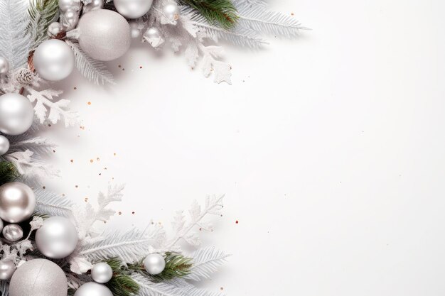 Composizione natalizia Ghirlanda fatta di palline bianche e rami di alberi su sfondo bianco Concetto di Natale inverno Capodanno Spazio copia vista dall'alto
