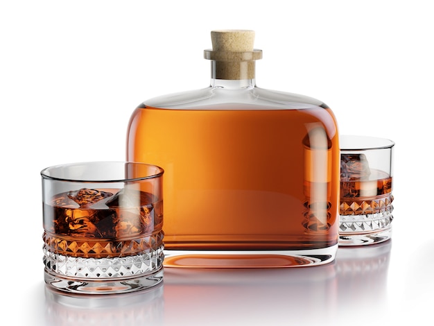 Composizione resa 3D con bottiglia di whisky e bicchieri