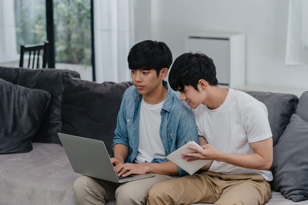 Computer portatile funzionante delle giovani coppie gay asiatiche a casa moderna. L'Asia LGBTQ + gli uomini si rilassano felici usando il computer e analizzando insieme le loro finanze in Internet mentre si trovano il divano nel soggiorno di casa.