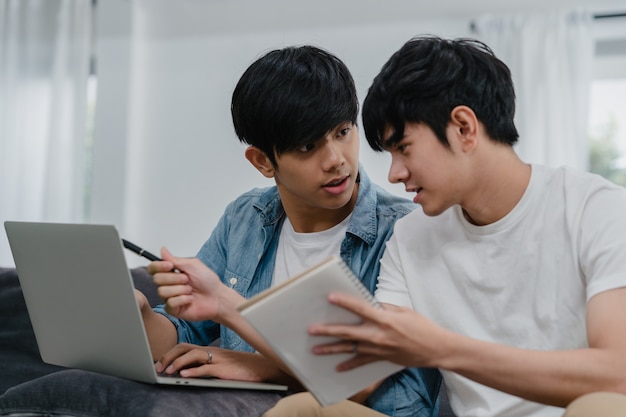 Computer portatile funzionante delle giovani coppie gay asiatiche a casa moderna. L'Asia LGBTQ + gli uomini si rilassano felici usando il computer e analizzando insieme le loro finanze in Internet mentre si trovano il divano nel soggiorno di casa.