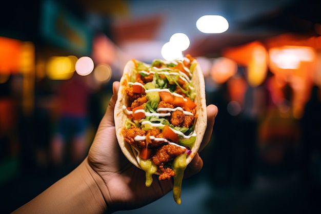 Con la mano in mano un delizioso taco all'aperto