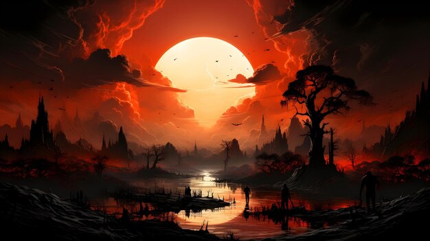 concept art del paesaggio notturno al tramonto